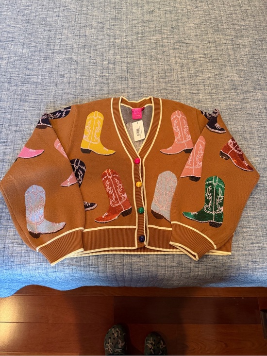 QUEEN OF SPARKLES Sweaters - QUEEN OF SPARKLES Brown Cardigan with Multicolor Cowboy Boot Motifs